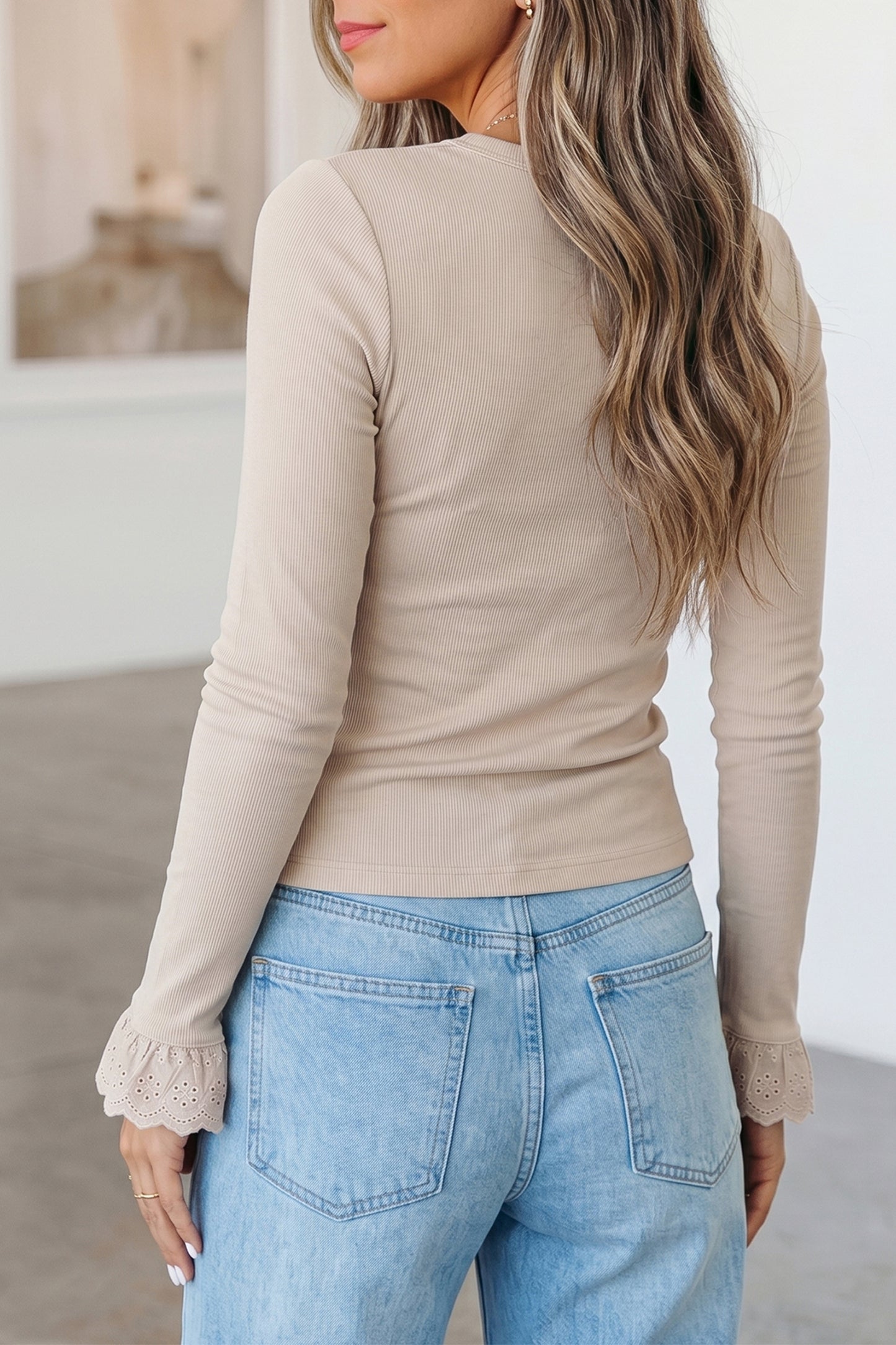Cream Lace Cuff Long Sleeve Top