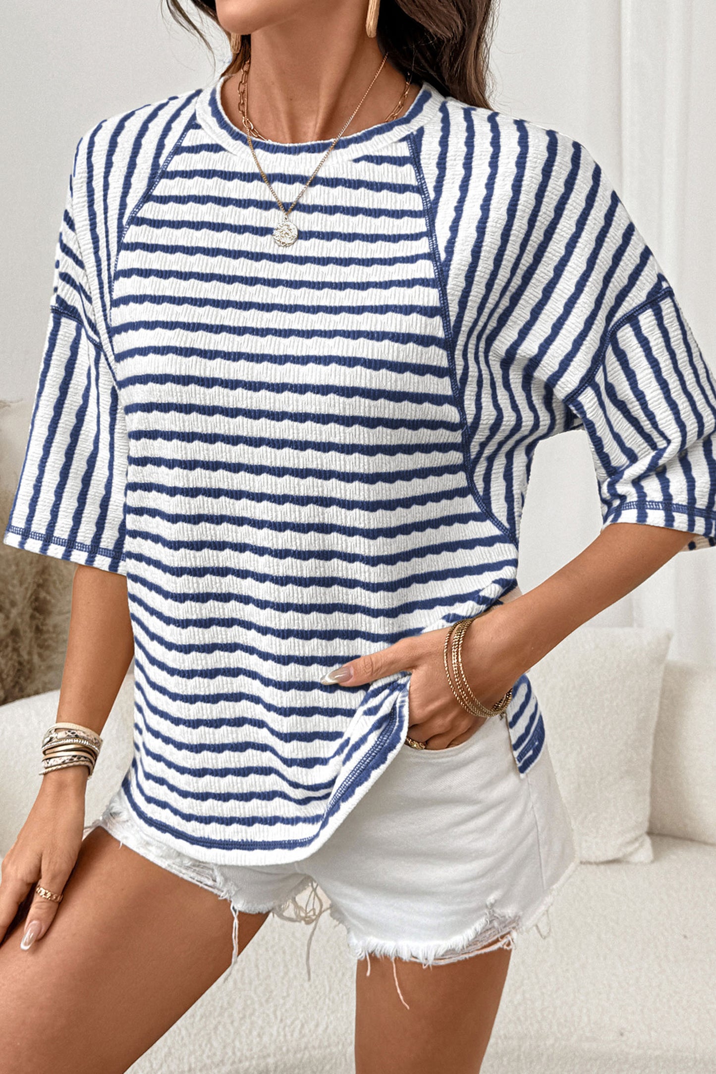 Brown Stripe Textured Knit Split Hem Top