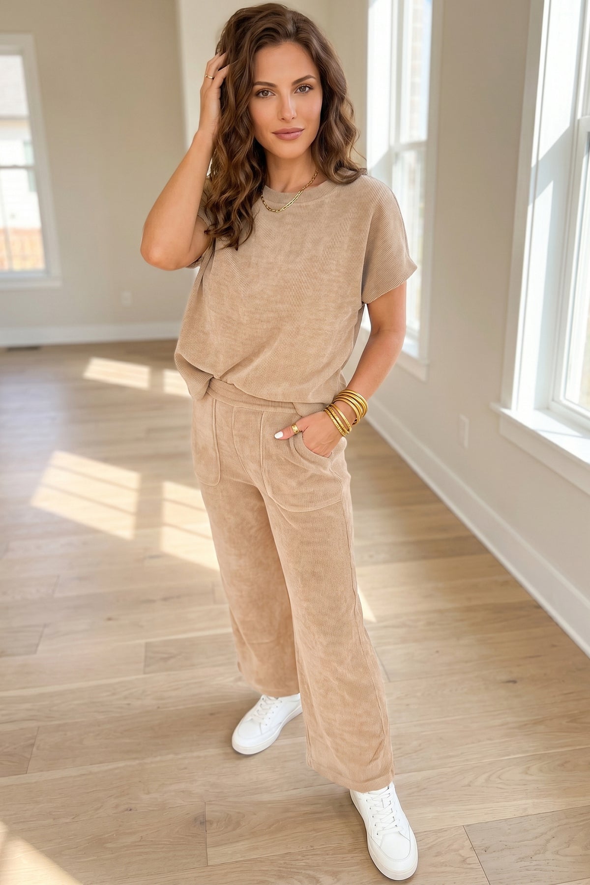 Light French Beige Ribbed Top & Wide-Leg Pants Set