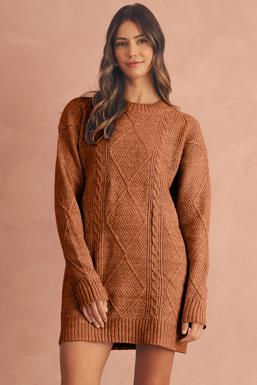 Cable Knit Drop-Shoulder Sweater Dress
