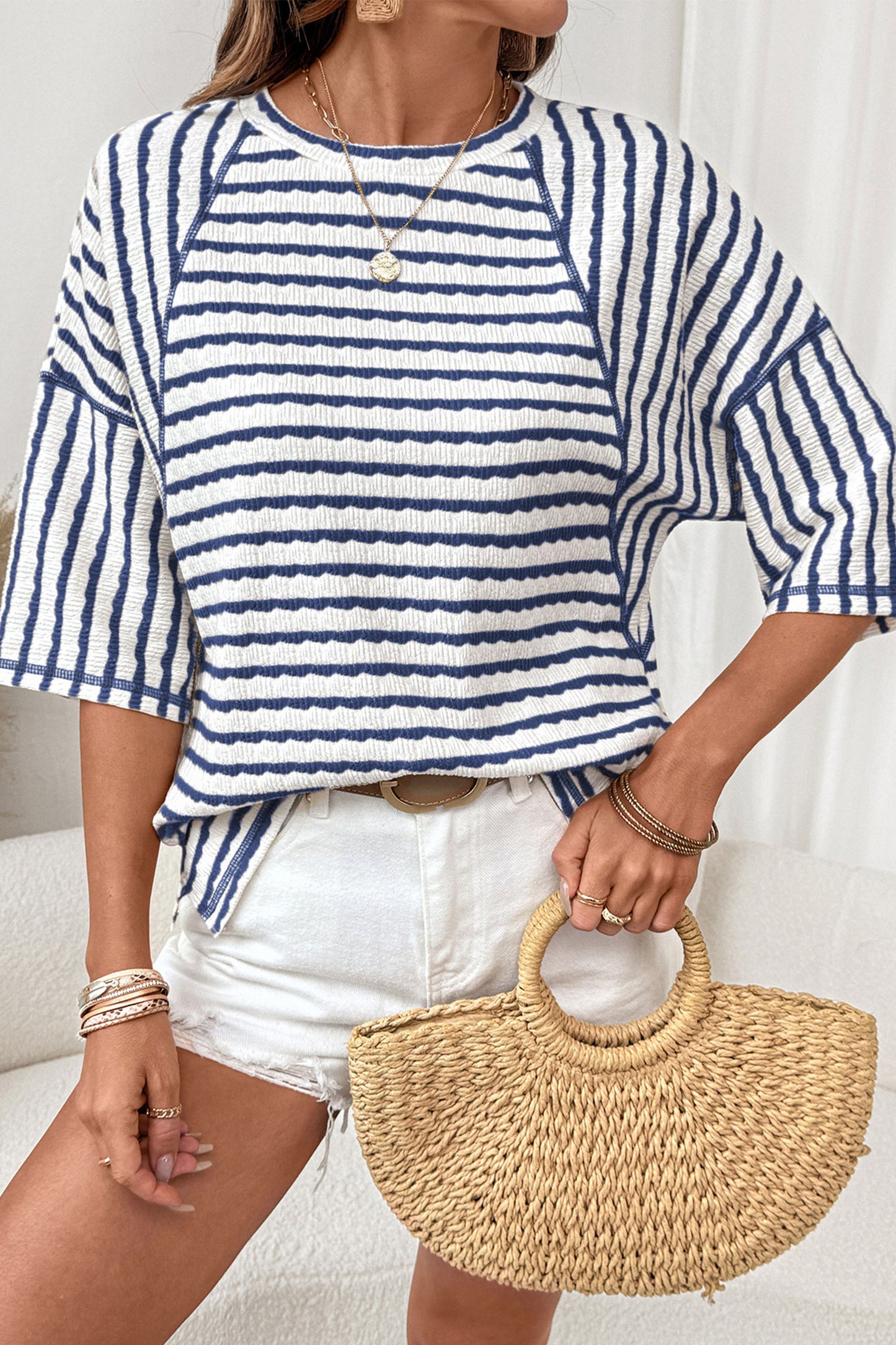 Brown Stripe Textured Knit Split Hem Top