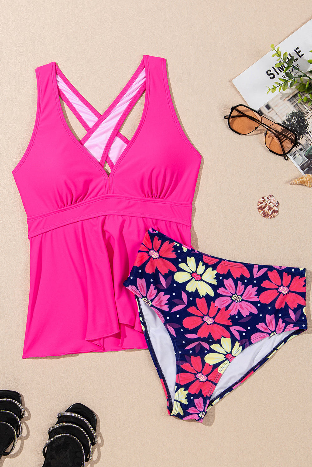 Floral V-Neck Crisscross Tankini Set