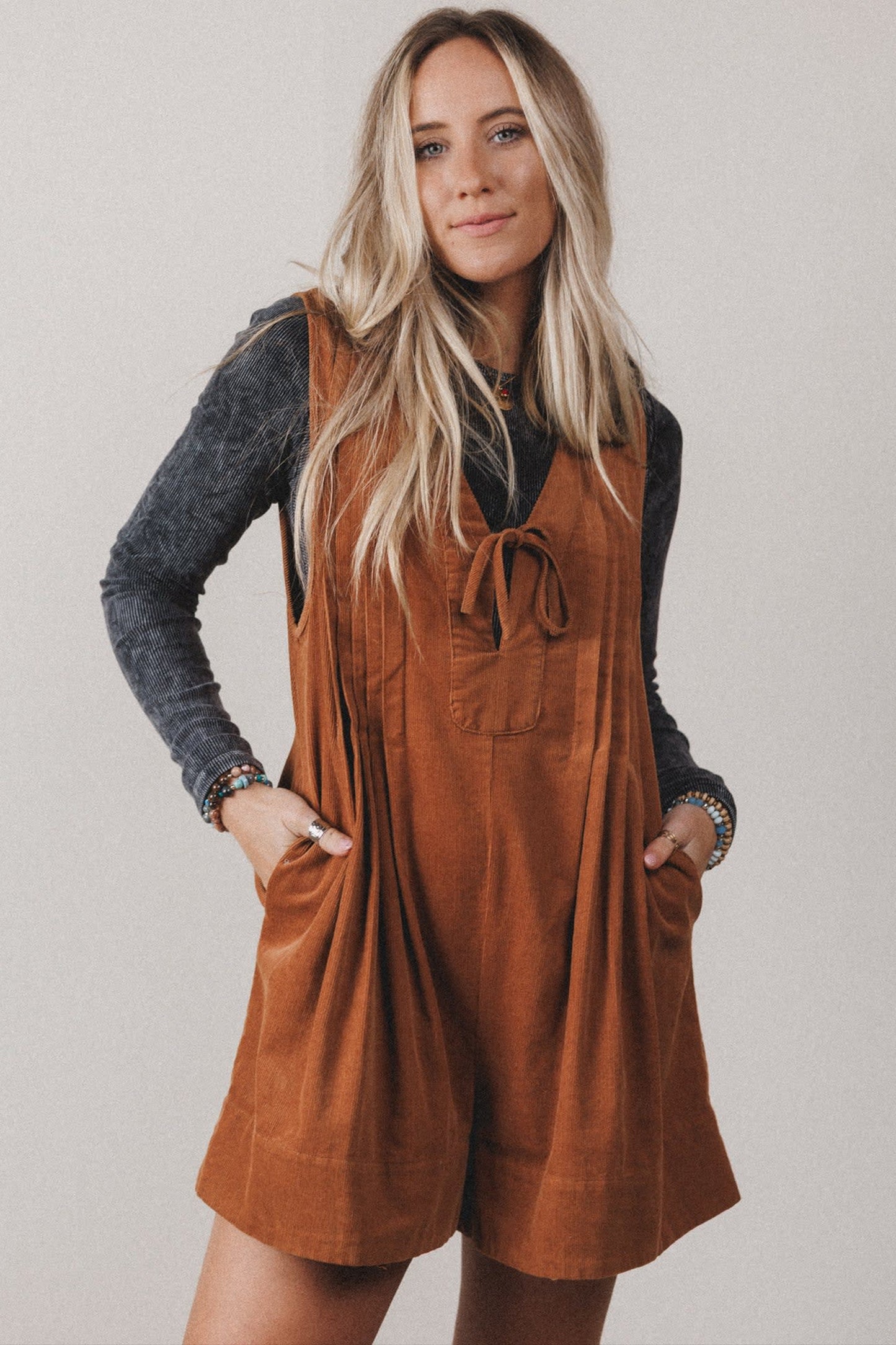 Corduroy Tie Neck Romper