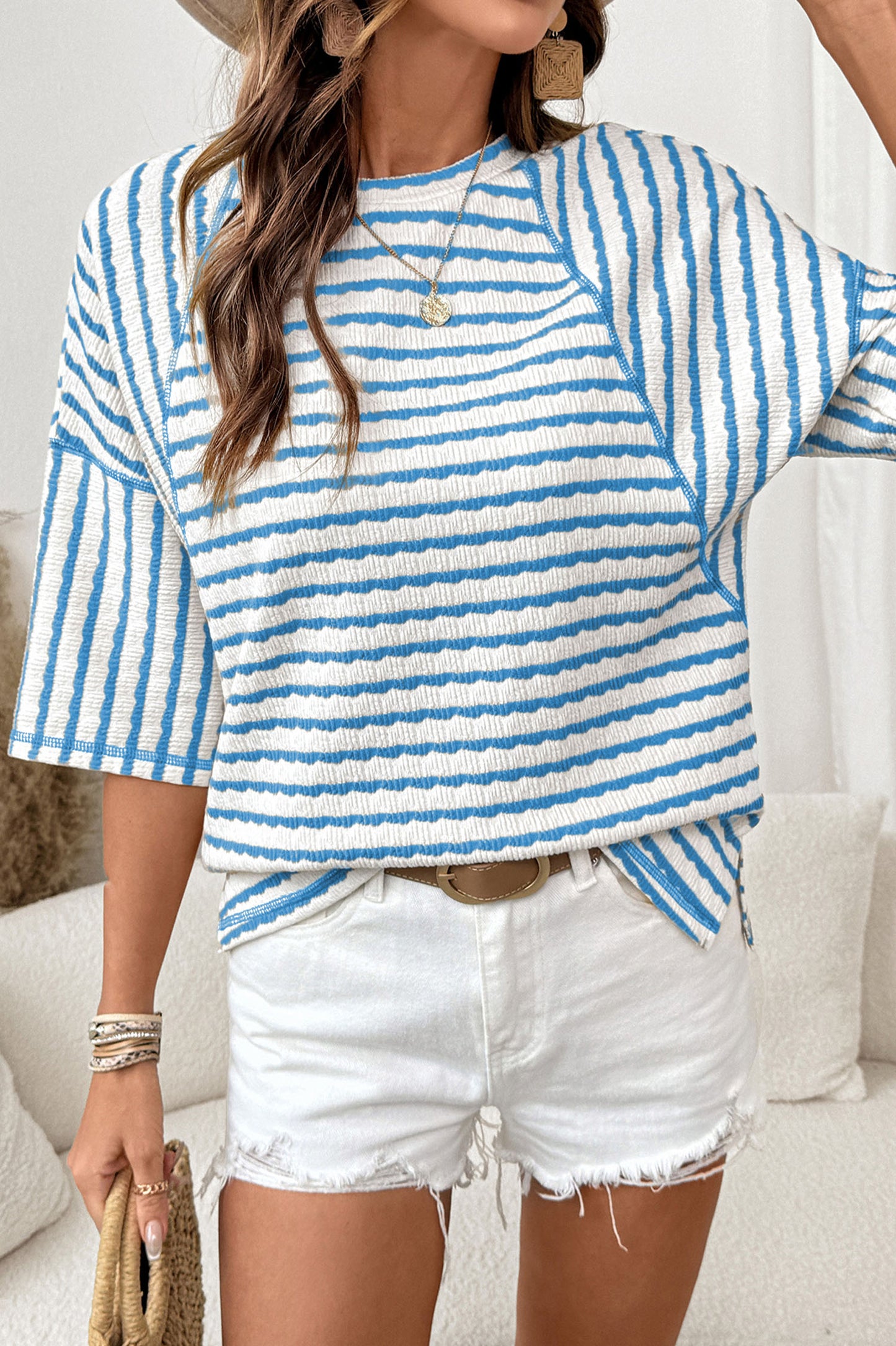 Brown Stripe Textured Knit Split Hem Top