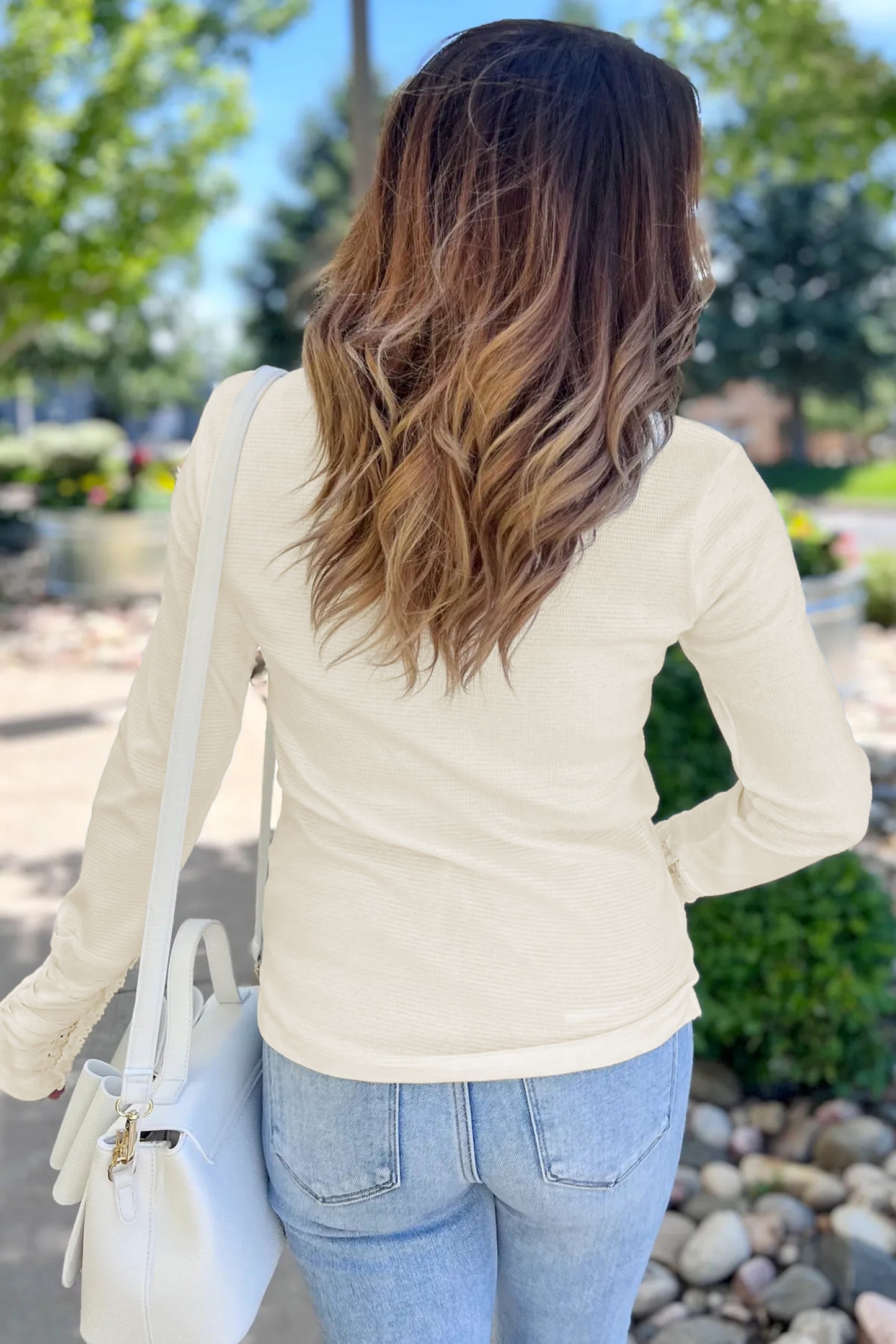 Beige V-Neck Lace Detail Long Sleeve Top