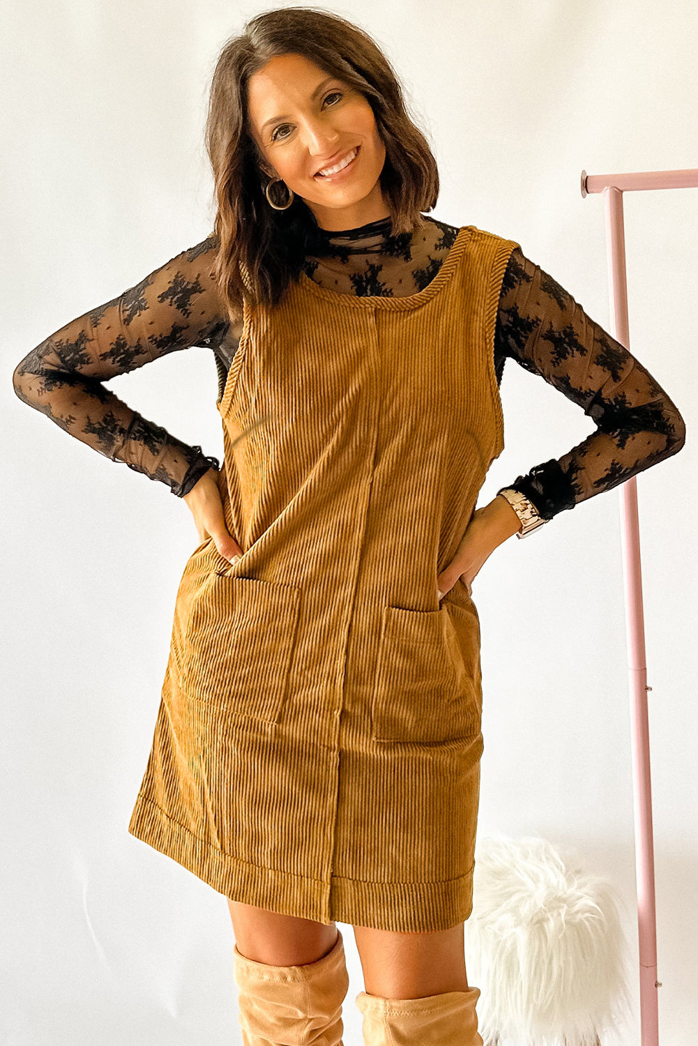 Black Exposed Seam Corduroy Mini Dress