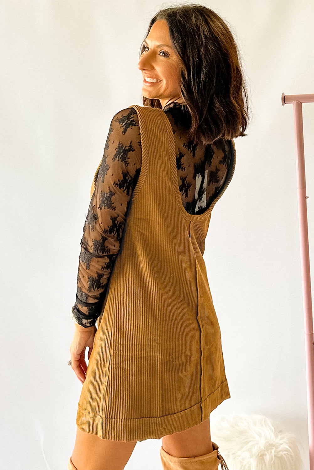 Black Exposed Seam Corduroy Mini Dress