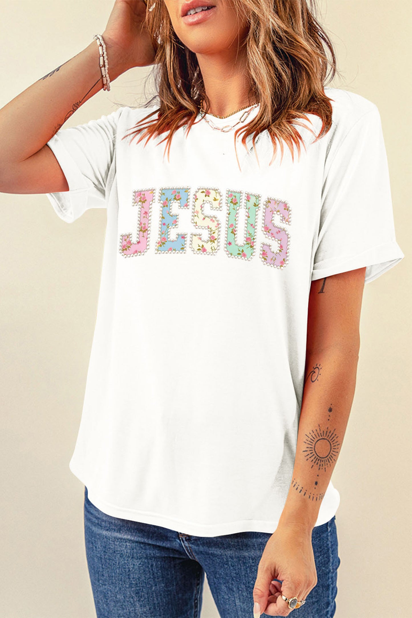 JESUS Floral Printed Letter Graphic Tee